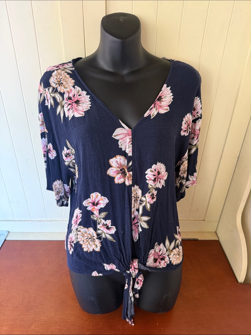 LUQ Navy Floral V-Neck Tie-Front Blouse